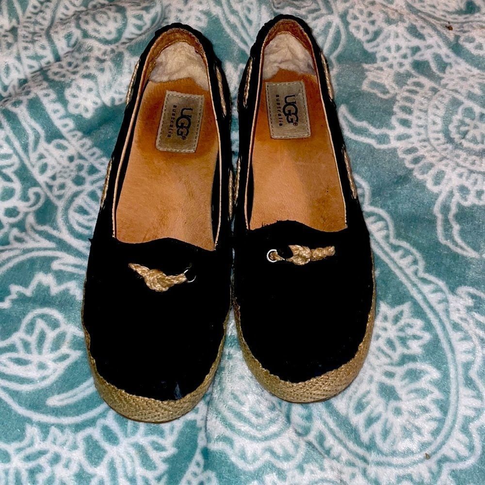 Ugg black loafer shoes with hemp ties on sides. Size 5.5. Gently used condition